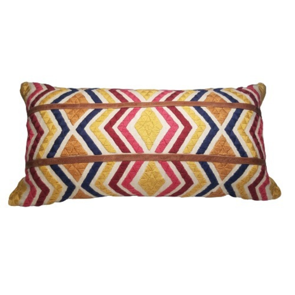 Villa Multicolor Embroidered Leather Applique Lumbar Pillow 15x27 Boho Geometric